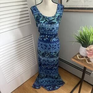 Vintage TALL GIRL Womens Dress Medium Blue Tropical Floral Tie Back Maxi Retro